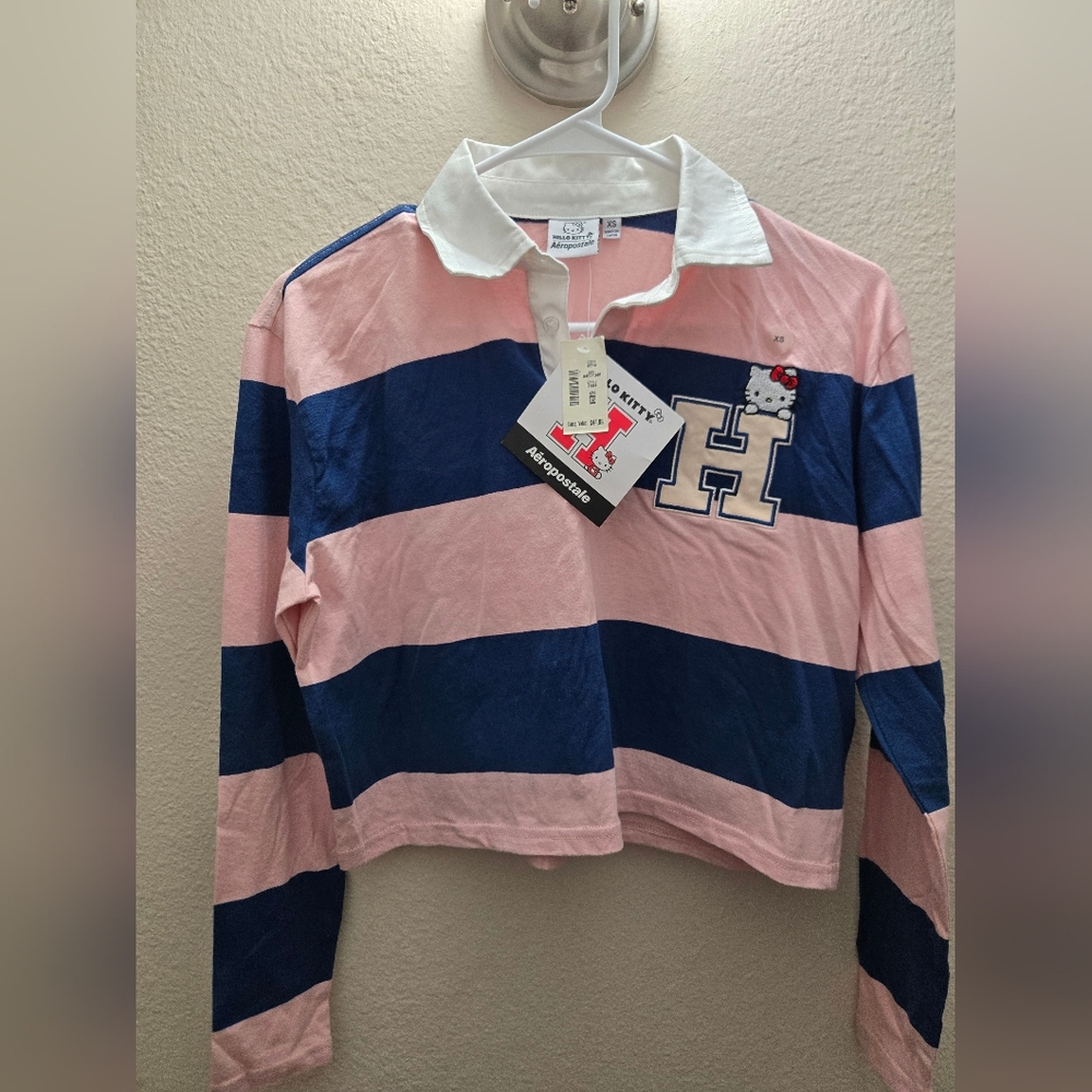 Brand New Hello Kitty/Aeropostale Pink and Blue Striped Womans XS Polo Shirt